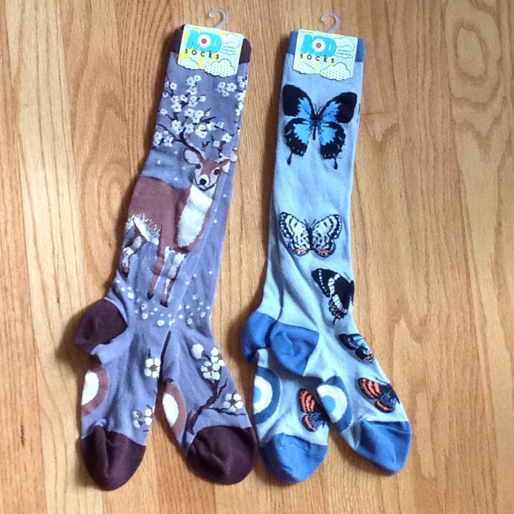 2 pair knee hi socks. Gray Deer &  Blue Butterfly